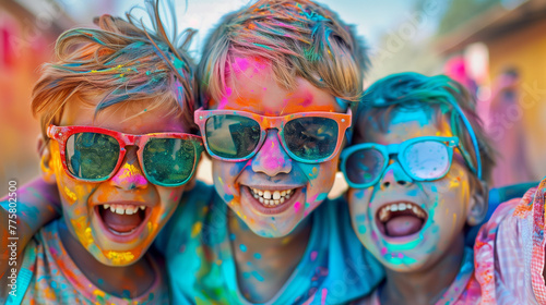 Cheerful kids at the festival of colors Holi