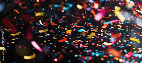 Colorful confetti falling on black background  festive and celebratory background for New Year or other events withcopy space. colorful confettis from top to bottom