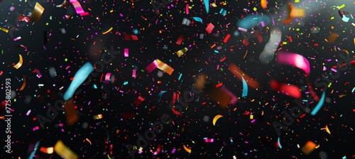 Colorful confetti falling on black background, festive and celebratory background for New Year or other events withcopy space. colorful confettis from top to bottom