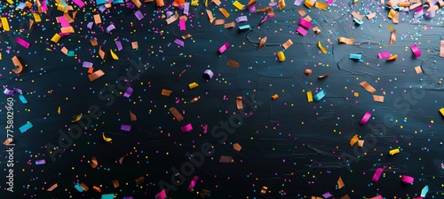 Colorful confetti falling on black background, festive and celebratory background for New Year or other events withcopy space. colorful confettis from top to bottom