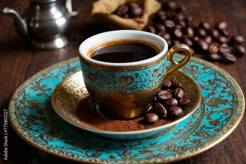 Aesthetic image of an ornate vintage coffee cup filled with coffee  saucer  coffee beans scattered around on a wooden surface  turkish coffee