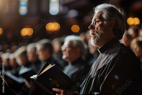 Gospel choir group of old people with their typical tunics, choral singing inside a church