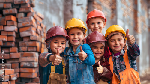 Group of children doing their dream job as Bricklayers at the construction site with building in the background. Concept of Creativity, Happiness, Dream come true and Teamwork.