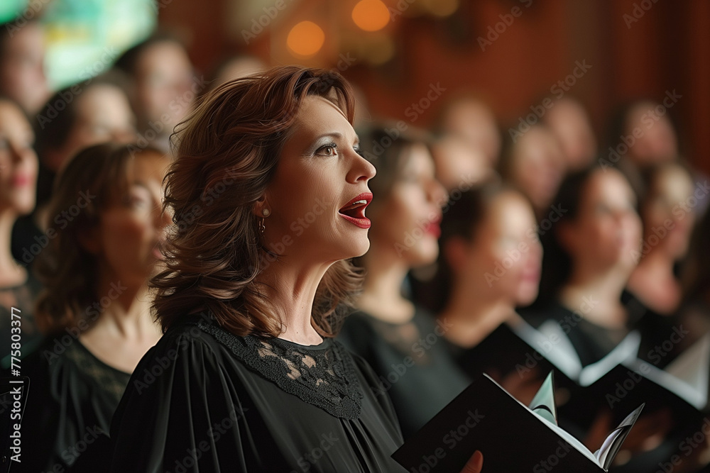 Fototapeta premium Gospel choir group of woman with their typical tunics, choral singing inside a church