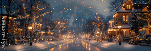 Decorated Houses with Fairy Lights for Christmas ,
Winter Wonderland A Snowy Street with Christmas Decorations
