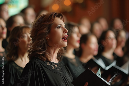 Gospel choir group of woman with their typical tunics, choral singing inside a church photo