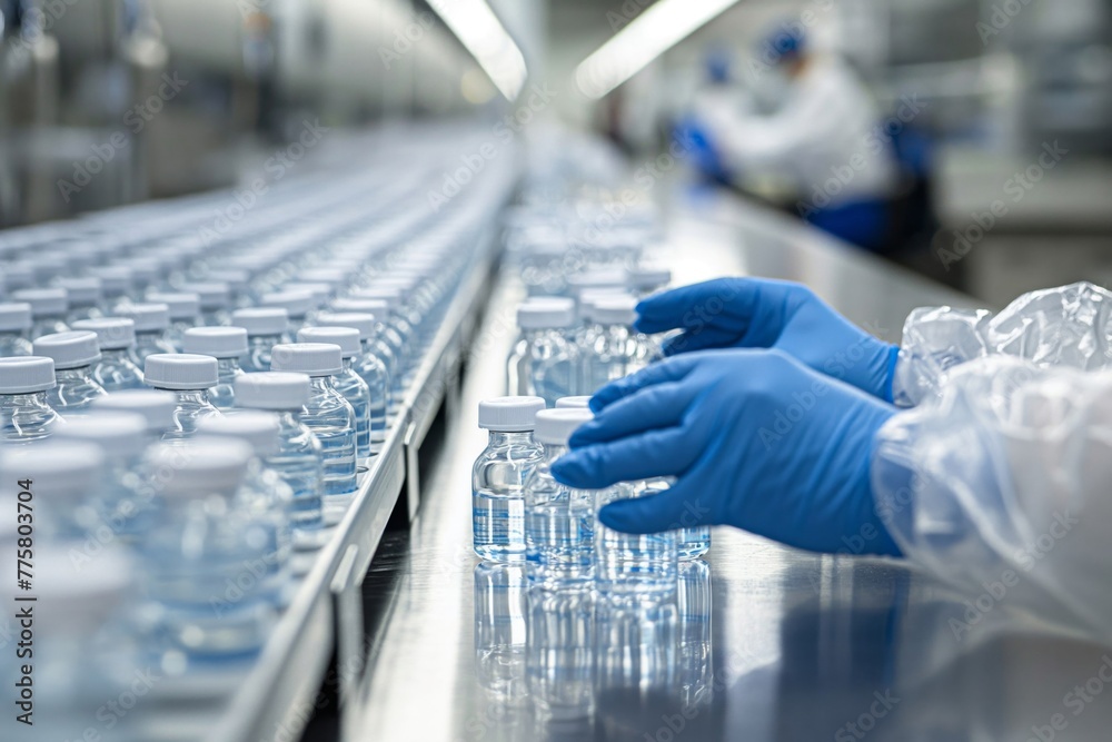 The hand of a scientist scientist holding a vial of vaccine in a scientific laboratory. A transparent liquid is visible in the flask The hand of a scientist scientist holding a vial of vaccine in a scientific laboratory. A transparent liquid is visible in the flask