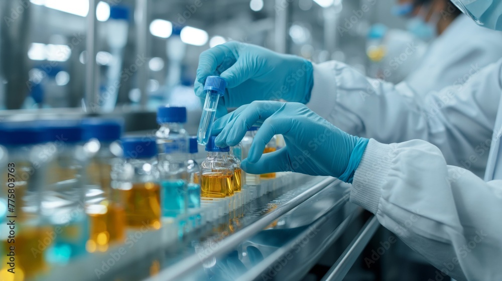 The hand of a scientist scientist holding a vial of vaccine in a scientific laboratory. Translucent blue and orange liquid is visible in the flask The hand of a scientist scientist holding a vial of vaccine in a scientific laboratory. Translucent blue and orange liquid is visible in the flask