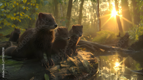 Mink family in the forest with setting sun shining. Group of wild animals in nature. © linda_vostrovska