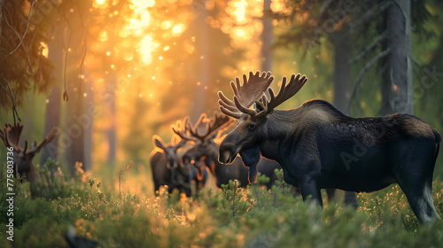 Moose family in the forest in summer evening with setting sun. Group of wild animals in nature. © linda_vostrovska