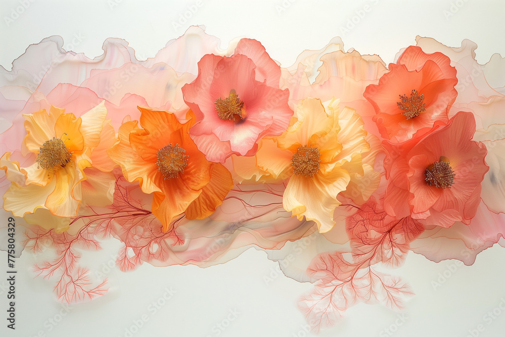 painting of flowers in in soft pink, peach and purple colors with golden splashes, watercolor style