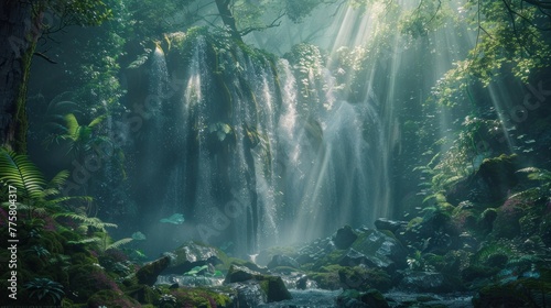 Enchanting Forest Waterfall. Majestic waterfall amidst serene forest evokes enchantment and wonder.