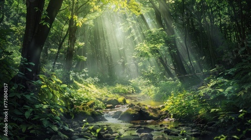 Tranquil forest. Sunlight filters through the leaves  creating a peaceful scene.