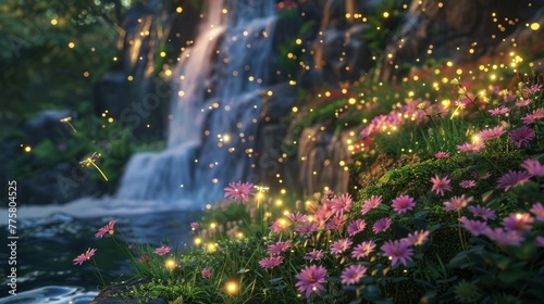 Enchanted fairytale garden illuminated by fireflies and a majestic waterfall cascading down a vibrant flower-covered cliff at dusk.
