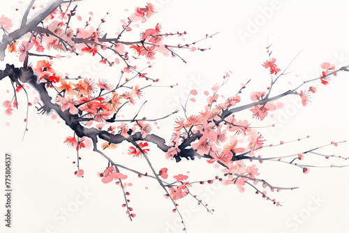 Japanese sakura blossom branch in watercolor style