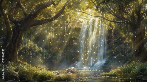 Misty waterfall in a serene forest. Enchanting scene like a fairy tale.