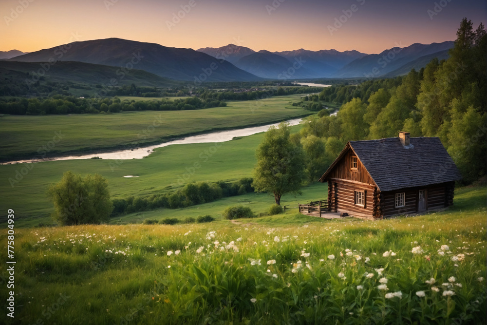 Beautiful view of a old simple cabin or house with a river nearby a meadow and hills at sunset. Beautiful serene rustic landscape