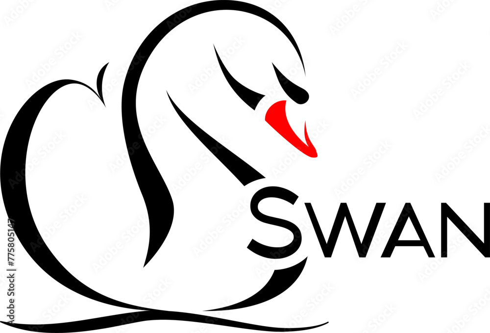 stylized image of a swan with a red beak on a wave, black and white drawing, vector stylized image of a swan with a red beak on a wave, black and white drawing, vector
