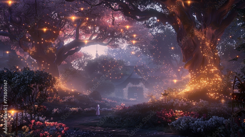 Fairytale garden at night with fireflies and a gentle mist.