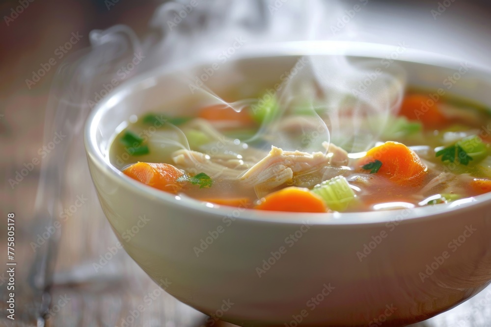 Steaming vegetable soup in a white bowl. Healthy food concept with copy space.