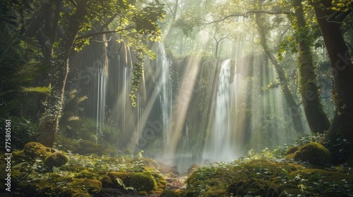 Majestic waterfall in serene forest. Enchantment and wonder in mystical forest amidst vibrant moss and ferns. © Postproduction