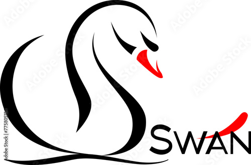 stylized image of a swan with a red beak on a wave, black and white drawing, vector