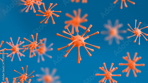 Coronavirus COVID 19. Virus cells on blue background. 3d render photo