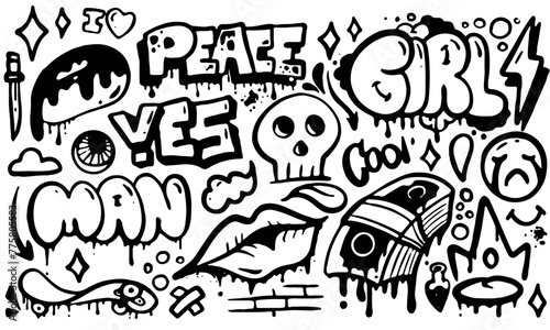 Hand drawn of Graffiti elements. Containing skull, money, and more.  Vector illustration