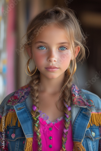 teen girl with blue eyes has braided hair. hair braid hairstyle. teen girl showing hair braiding