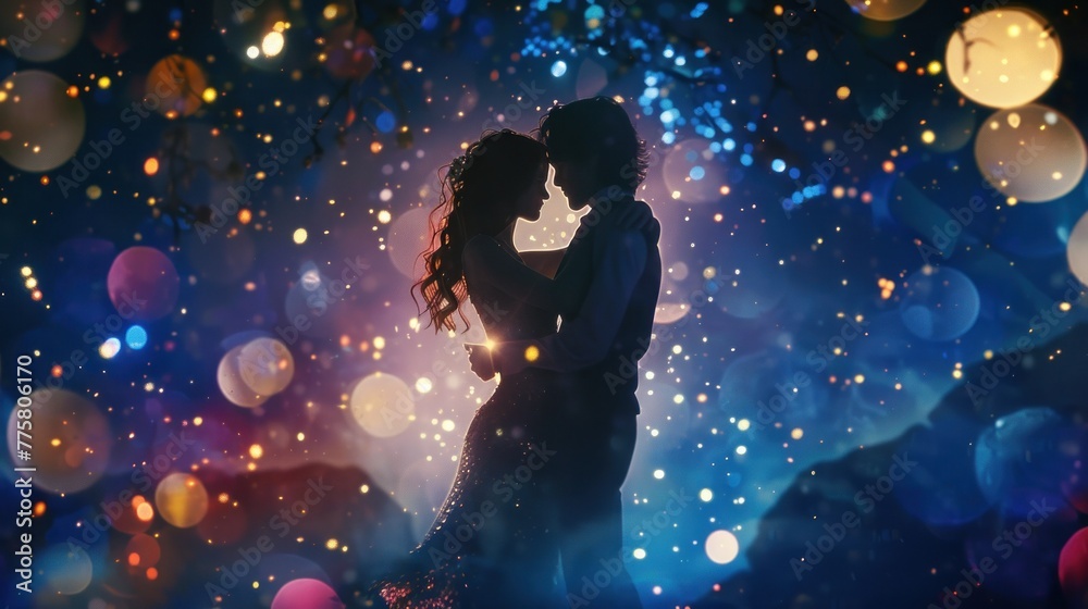 Enchanting dance of animated characters amidst stardust, love and joy.