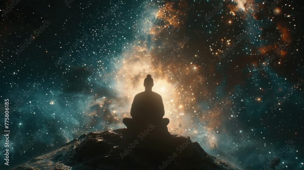 Meditative Figure Under Stars - A figure assumes a meditative pose on a celestial platform, merging with the universe as cosmic vibrations resonate through space. Meditative Figure Under Stars - A figure assumes a meditative pose on a celestial platform, merging with the universe as cosmic vibrations resonate through space.