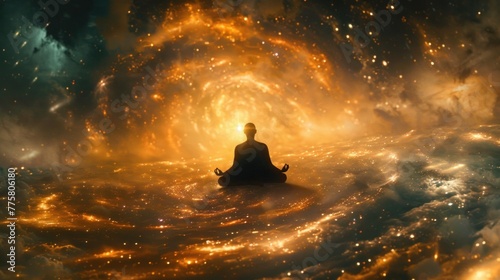 Yogi levitates in cosmic dance amidst swirling galaxies.