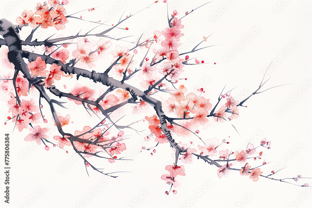 Japanese sakura blossom branch in watercolor style