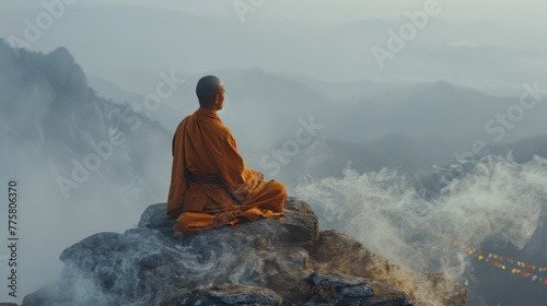 Mountaintop Meditation. Monk finds serenity amidst swirling mist. photo