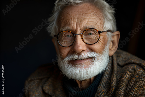 Portrait of smiling man with grey hair and glasses photo
