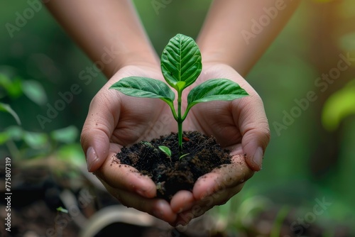 Hands Nurturing Young Plant in Soil
