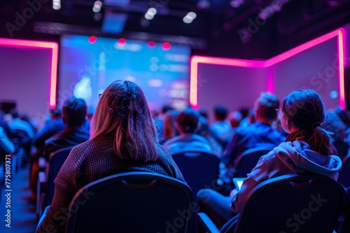 Audience Watching Presentation in Neon-lit Room