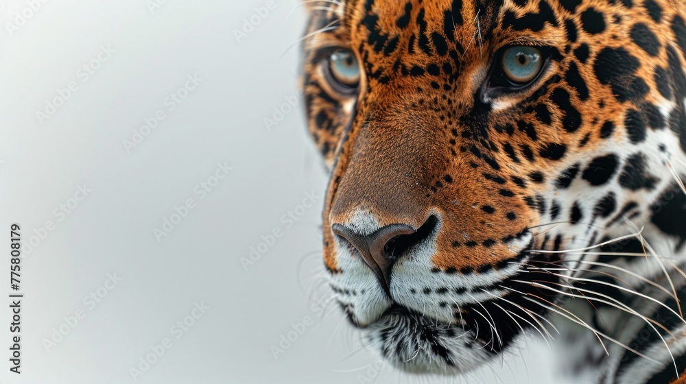 Obraz premium Close-up of majestic jaguar showcasing its striking patterns and intense gaze against neutral background. Wildlife and biodiversity conservation.