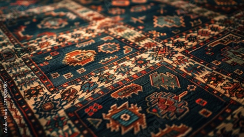 Traditional handmade Persian rug with intricate designs and rich colors. Authentic Middle Eastern craftsmanship for interior decoration and cultural heritage. photo