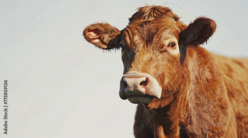 Brown cow standing in open field with clear sky background. Agricultural industry and livestock farming. Brown cow standing in open field with clear sky background. Agricultural industry and livestock farming.