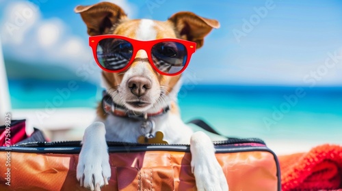 Dog Wearing Sunglasses Sitting in Suitcase © Prostock-studio