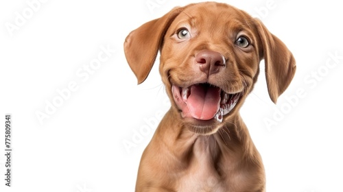 Joyful young puppy posing against white background with playful expression. Pet care and companionship.
