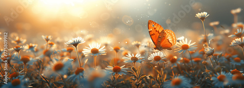 Flügelschlag: Schmetterling und Gänseblümchen im Morgenlicht photo