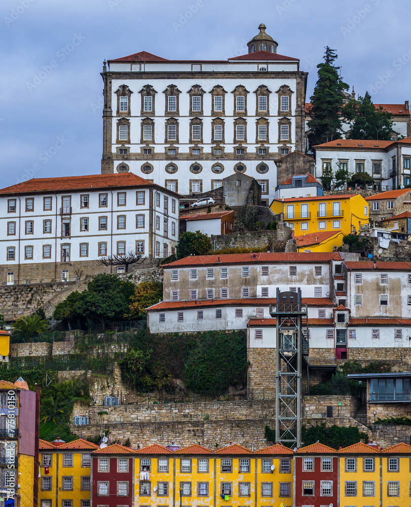 View from Vila Nova de Gaia city on buildings in Ribeira area and Bishops Palace, Porto, Portugal