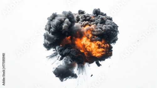 Explosive burst of fire and smoke isolated on white background, depicting power and destruction. Visual representation of explosive reactions and force. photo