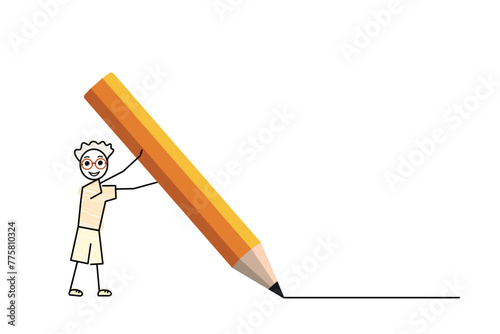 curly little boy writing with a giant pencil, back to school vector illustration, doodle style simple sketch