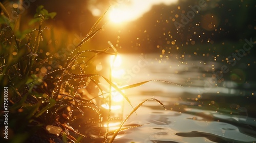 the sun is shining behind grass that is growing in a body of water
