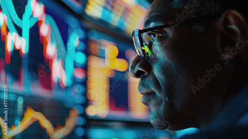 Focused financial analyst evaluating stock market trends on multiple monitors, insightful data analysis and investment strategy. Market research and analysis.