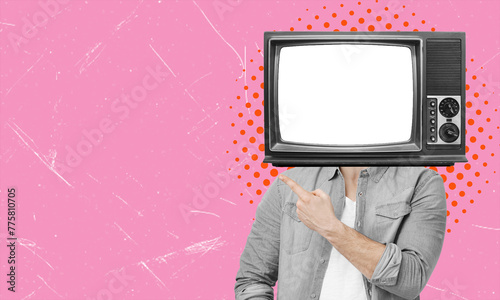 Modern minimal retro collage. Retro TV instead of a human head on a pink background.