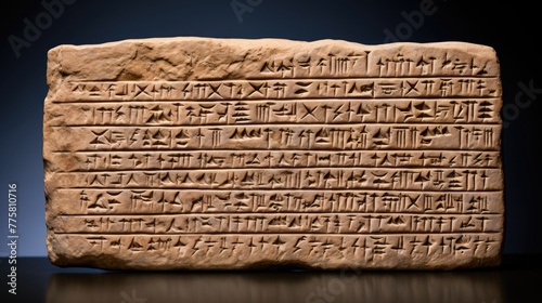 Cuneiform writing on a clay tablet isolated on dark background. photo